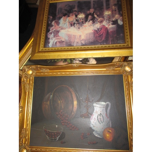 1 - A large quantity of gilt framed pictures, most painted on canvas, various sizes, all in useable pre-... 