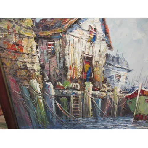 11 - A large painting of a harbour scene, approx. size 100x67cm in good pre-owned condition