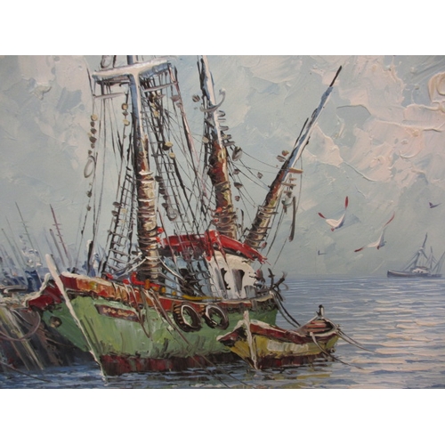 11 - A large painting of a harbour scene, approx. size 100x67cm in good pre-owned condition