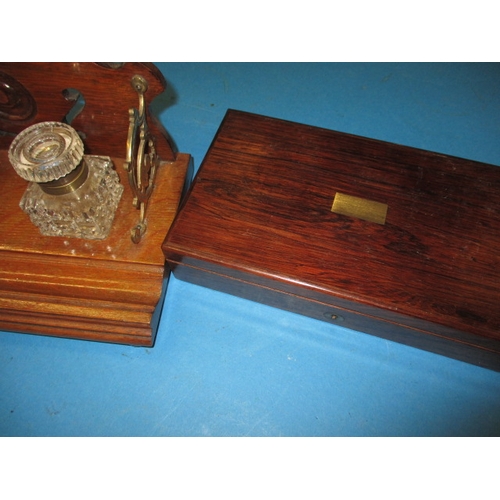 84 - A vintage 2 bottle desk stand and a cased technical drawing set, all in used condition