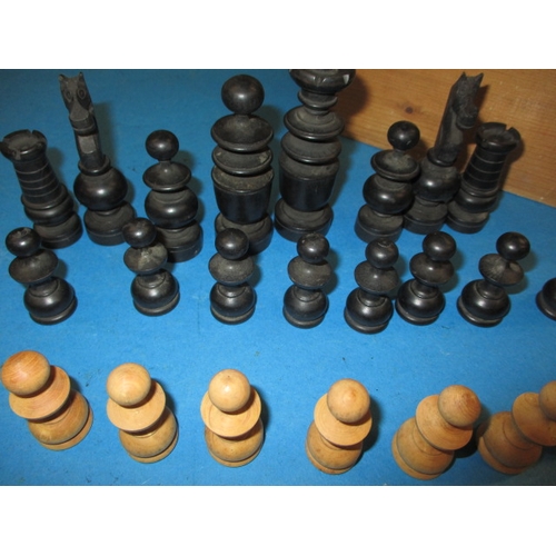 97 - Two vintage box wood chess sets, the Staunton set missing a white bishop, pre-owned with use-related... 