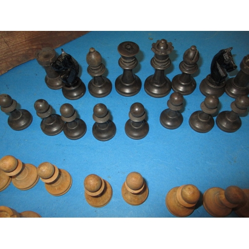 97 - Two vintage box wood chess sets, the Staunton set missing a white bishop, pre-owned with use-related... 