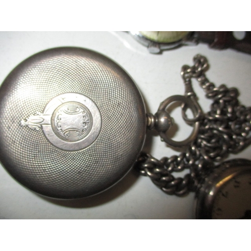 111 - A parcel of vintage wrist and pocket watches, to include a silver cased example with silver Albert, ... 