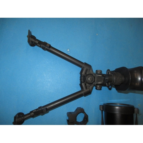 128 - A Hawk fast mount rifle scope 3-9x50, in box and a front mount bi-pod, both in used condition