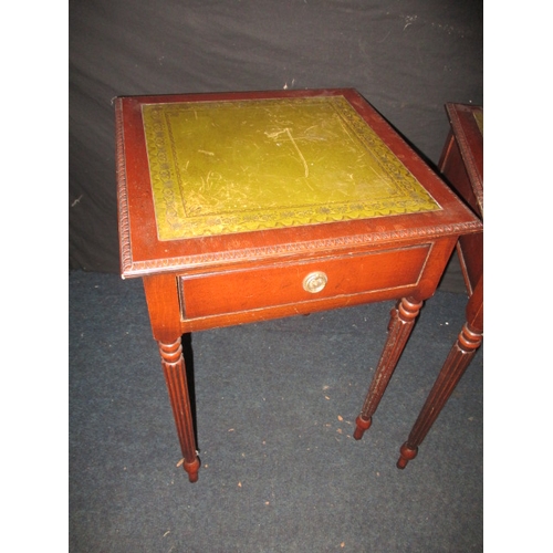 143 - A pair of antique style lamp tables, having single frieze drawer and leather inset tops, in useable ... 