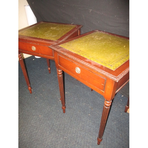 143 - A pair of antique style lamp tables, having single frieze drawer and leather inset tops, in useable ... 