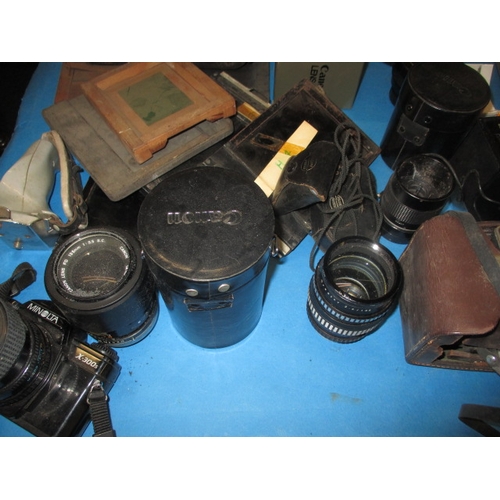 151 - A large quantity of vintage cameras and accessories, to include plate cameras and examples by Canon ... 