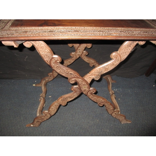 158 - A vintage Indian carved wood fold up tray table, useable but would benefit from some restoration, ap... 