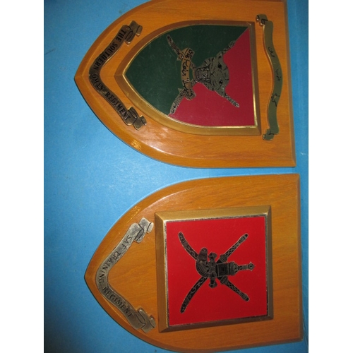 173 - Six military plaques on wood shields, some with labels verso stating obtained from NAAFI HQ, all fro... 