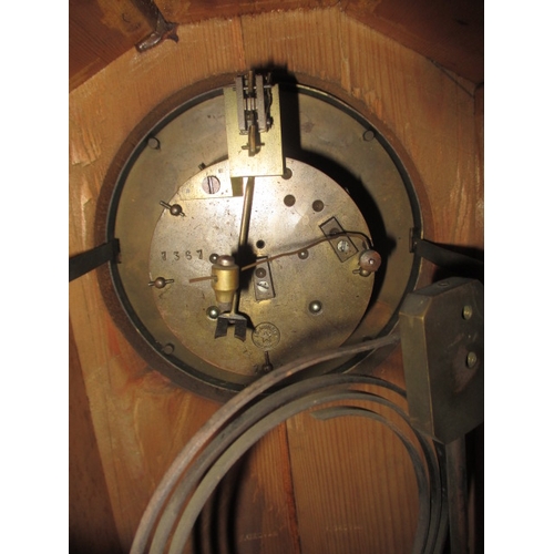 213 - A vintage wood cased mantle clock, striking on gong, no key so not tested as to function, age-relate... 