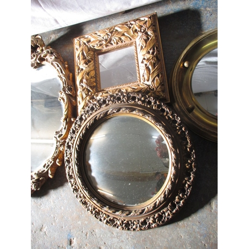 220 - 4 vintage gilt framed wall mirrors and 2 mirrored wall sconces A/F, some age related marks. Approxim... 