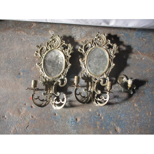 220 - 4 vintage gilt framed wall mirrors and 2 mirrored wall sconces A/F, some age related marks. Approxim... 