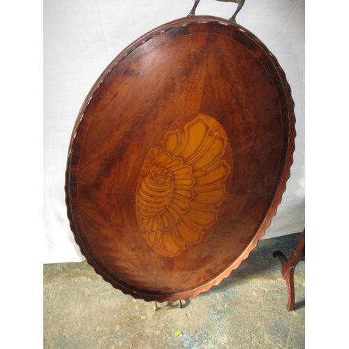 221 - A vintage shell inlaid butlers tray and a folding cake stand. Approximate length of tray 71cm