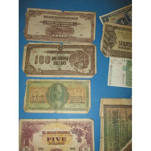 240 - A parcel of vintage world bank notes, to include WWII era invasion notes, all in well circulated con... 