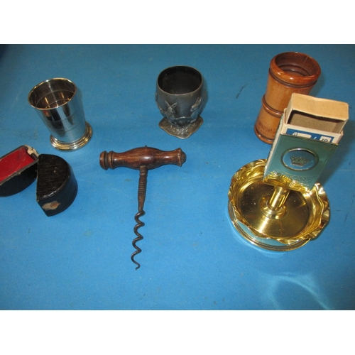 A small parcel of interesting collectables, to include a trench art ash tray, treen dice shaker and a corkscrew