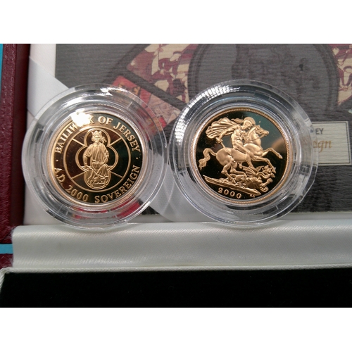 242 - A Royal Mint United Kingdom and Jersey proof 2 gold sovereign coin set, in original presentation box... 