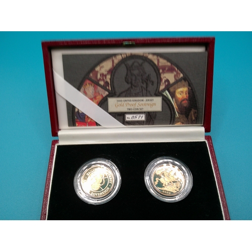 242 - A Royal Mint United Kingdom and Jersey proof 2 gold sovereign coin set, in original presentation box... 
