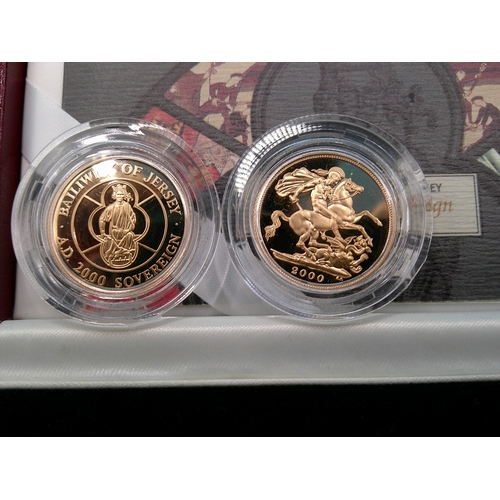 242 - A Royal Mint United Kingdom and Jersey proof 2 gold sovereign coin set, in original presentation box... 