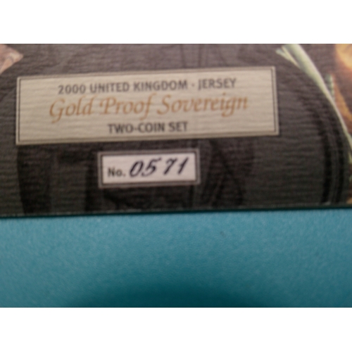 242 - A Royal Mint United Kingdom and Jersey proof 2 gold sovereign coin set, in original presentation box... 