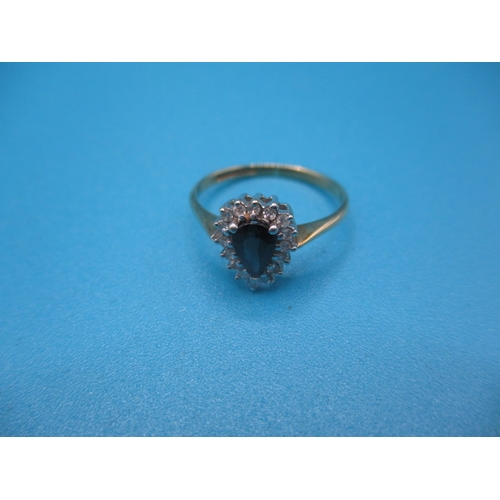 46 - A vintage 9ct gold diamond and sapphire dress ring with pear shaped central stone, approx ring size ... 