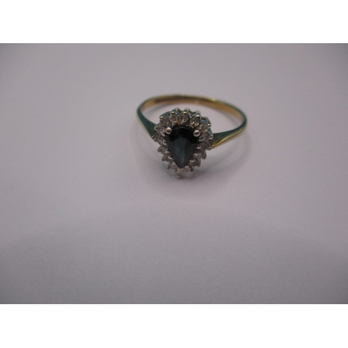 46 - A vintage 9ct gold diamond and sapphire dress ring with pear shaped central stone, approx ring size ... 