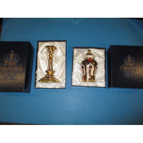 295 - Royal Crow Derby Old Imari 1128 pattern Castleton candlestick and a Milford jar, both as new in orig... 