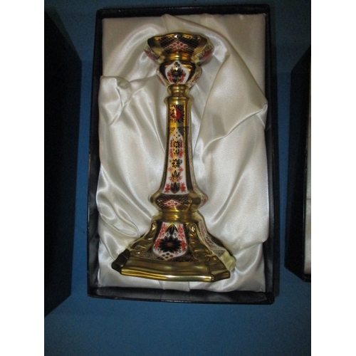 295 - Royal Crow Derby Old Imari 1128 pattern Castleton candlestick and a Milford jar, both as new in orig... 