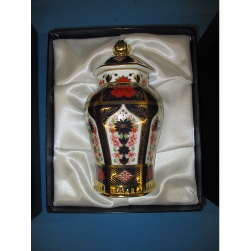 295 - Royal Crow Derby Old Imari 1128 pattern Castleton candlestick and a Milford jar, both as new in orig... 