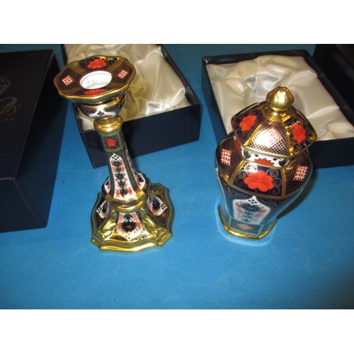 295 - Royal Crow Derby Old Imari 1128 pattern Castleton candlestick and a Milford jar, both as new in orig... 