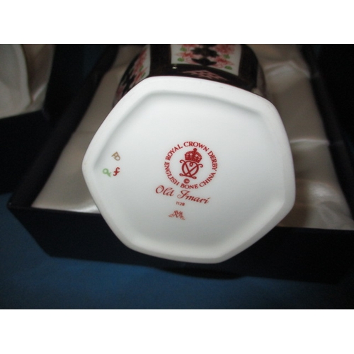 295 - Royal Crow Derby Old Imari 1128 pattern Castleton candlestick and a Milford jar, both as new in orig... 