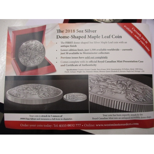 230 - A Royal Canadian Mint fine silver 50 dollar coin, dated 2018, approx weight 158.5g, in original pres... 