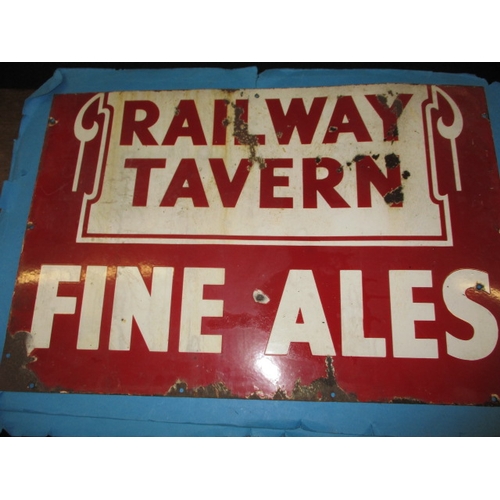 310 - A genuine vintage enamel advertising sign for Railway Tavern fine Ales, approx size 76x52, rust and ... 