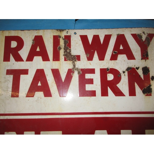 310 - A genuine vintage enamel advertising sign for Railway Tavern fine Ales, approx size 76x52, rust and ... 