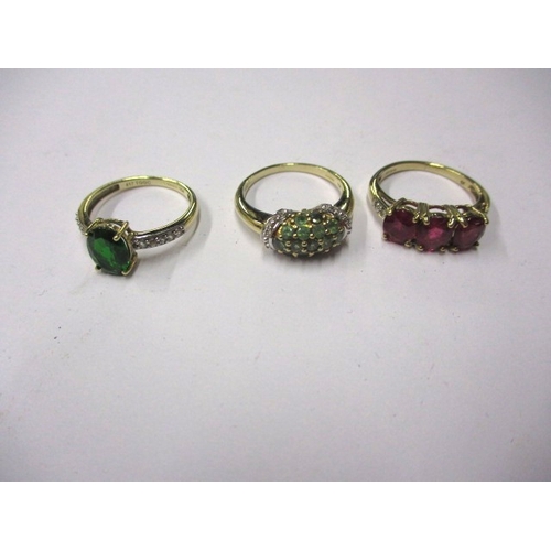 78 - Three 9ct yellow gold dress rings, various stones, sizes I to J, approx gross parcel weight 6.4g