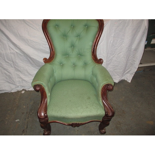 338 - An early 20th Century show wood button back parlour chair. Age and use related marks