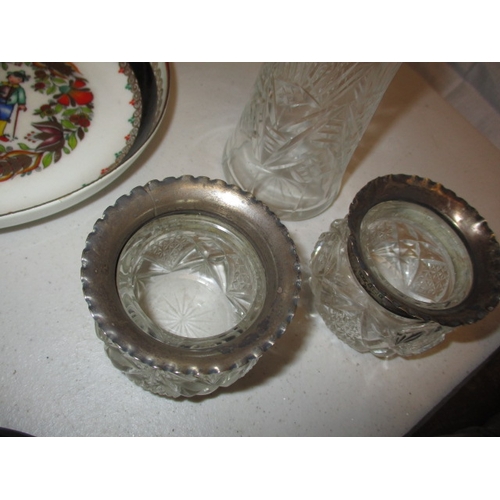 226 - A quantity of miscellanea to include 2 glass silver mounted jars, an articulate white metal fish and... 
