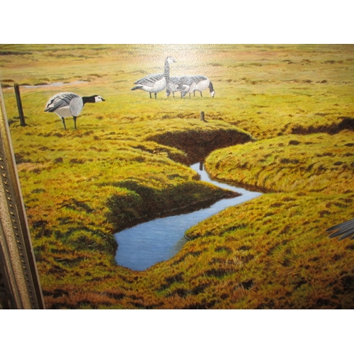 322 - A contemporary painting of pink feet geese over a Norfolk landscape, signed lower right, dated verso... 