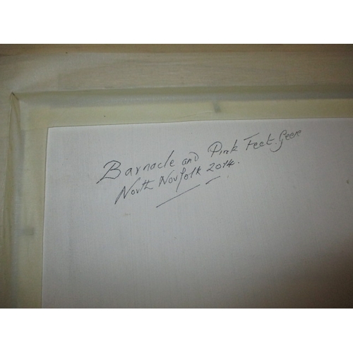 322 - A contemporary painting of pink feet geese over a Norfolk landscape, signed lower right, dated verso... 