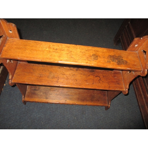 336 - An antique oak 3 tier shelf, either wall mounted or free standing, approx size H: 59cm W: 60cm D: 14... 