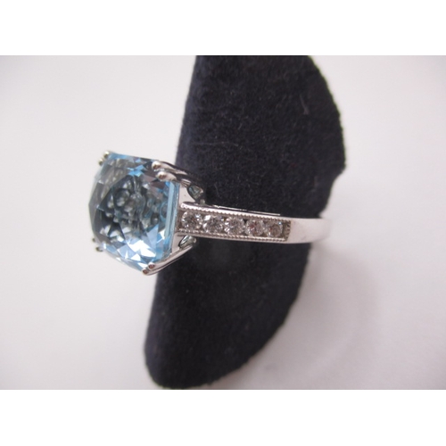 15 - An 18ct white gold diamond and aquamarine dress ring, in near unused condition, approx ring size ‘N’... 