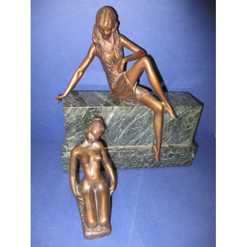 A vintage bronze figure on a kneeling naked lady and a later art deco style lady on plinth, useable pre-owned condition