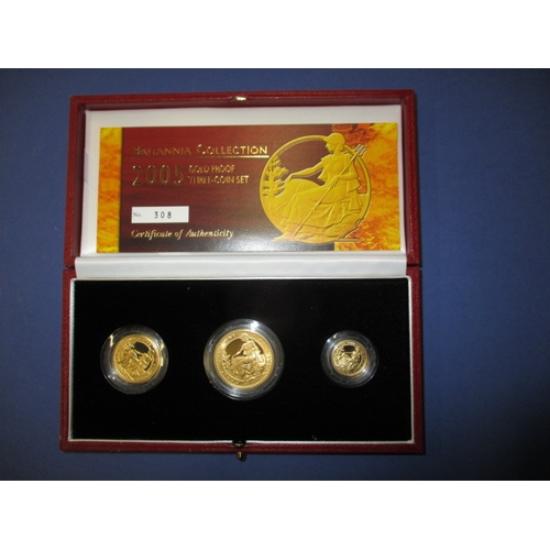 209 - A Royal Mint 2005 gold proof three coin Britannia collection, No 308 in original boxed condition