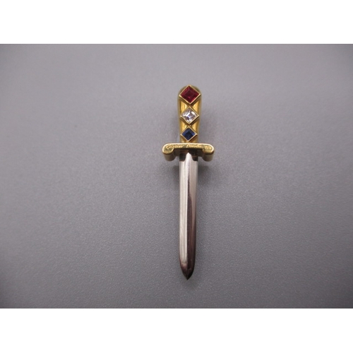 126 - A vintage 18ct gold pin brooch set with a diamond ruby and sapphire marked RO9147 Cartier London wit...