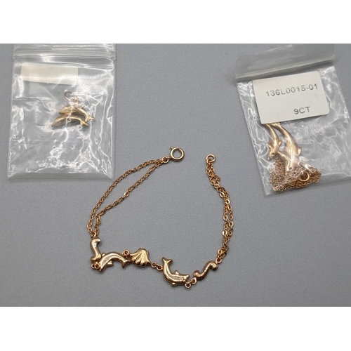 A quantity of 9ct gold jewellery items all with dolphins, approx gross parcel weight 6.3g all l unused Jewellery trade retirement stock