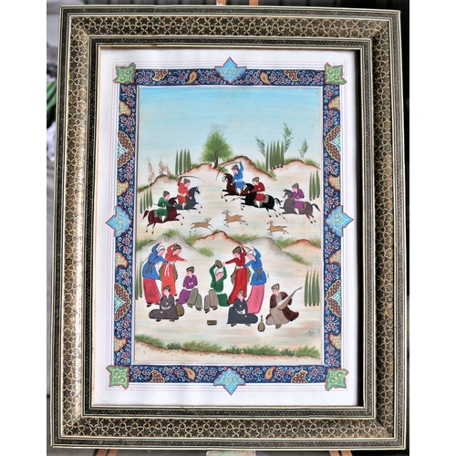 24 - Khatam-kari Framed & Glazed 1900's Persian Watercolour on Paper