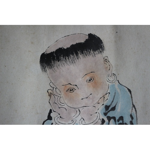 25 - Framed but not Glazed Antique, Late 19th Century, Watercolour of Chinese Child Sitting with School B... 