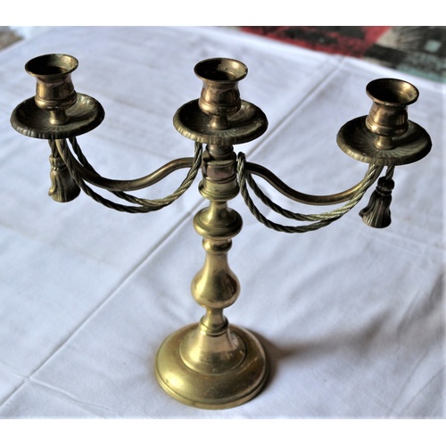 48 - Vintage Brass Triple Sconce Candlestick with Gilt Rope and Tassel Design