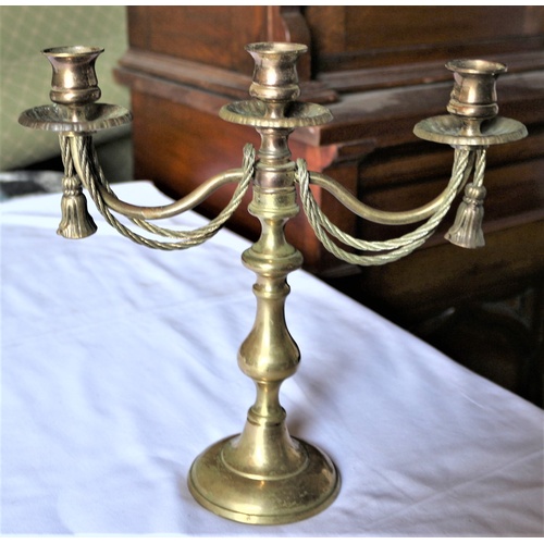 48 - Vintage Brass Triple Sconce Candlestick with Gilt Rope and Tassel Design