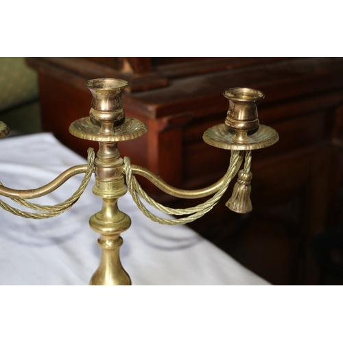 48 - Vintage Brass Triple Sconce Candlestick with Gilt Rope and Tassel Design