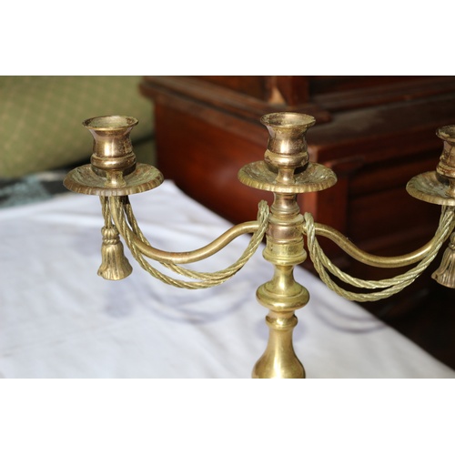 48 - Vintage Brass Triple Sconce Candlestick with Gilt Rope and Tassel Design